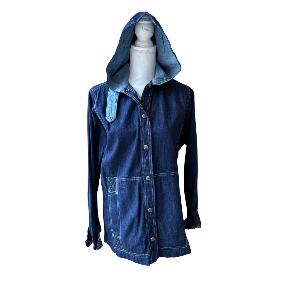 Vintage 70s Mushroom Denim Hooded Jacket Womens M Snap Front Chore Coat Boho